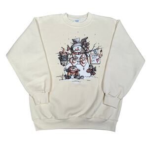 Vintage Snowman Family Graphic Sweatshirt Yellow Winter Scene 90s USA Large